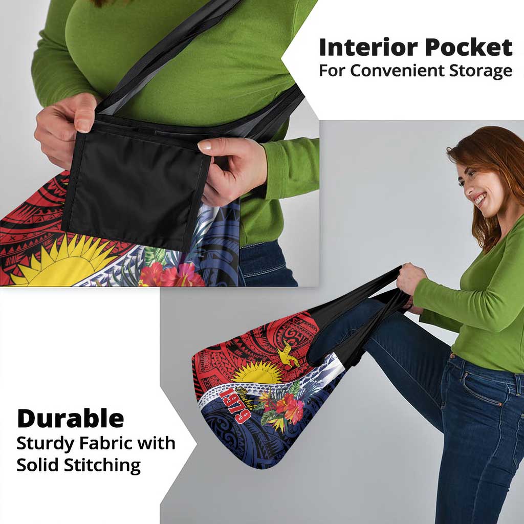 Flag of Kiribati Polynesian Pattern Grocery Bag Est 1979 With Tropical Flowers