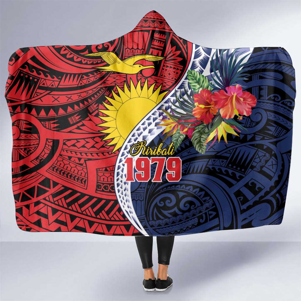Flag of Kiribati Polynesian Pattern Hooded Blanket Est 1979 With Tropical Flowers