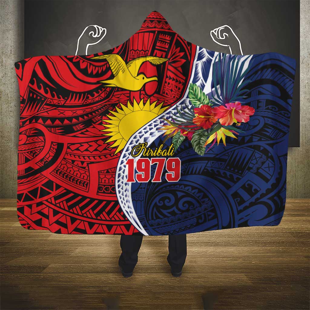 Flag of Kiribati Polynesian Pattern Hooded Blanket Est 1979 With Tropical Flowers