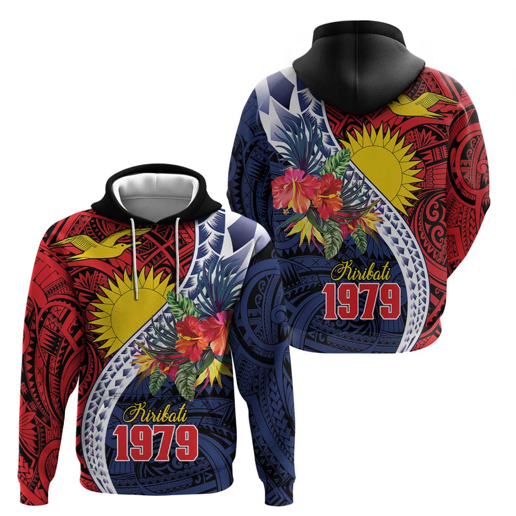 Flag of Kiribati Polynesian Pattern Hoodie Est 1979 With Tropical Flowers