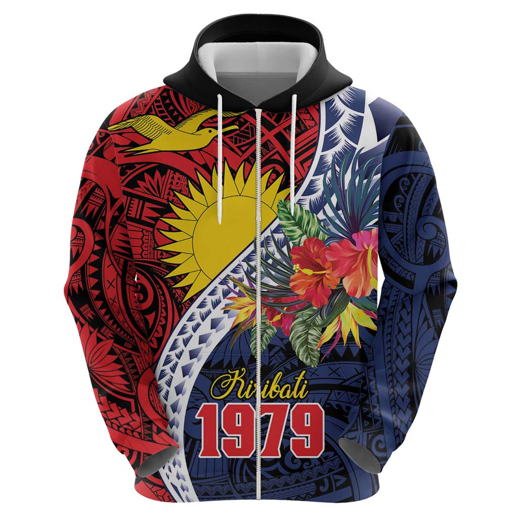 Flag of Kiribati Polynesian Pattern Hoodie Est 1979 With Tropical Flowers
