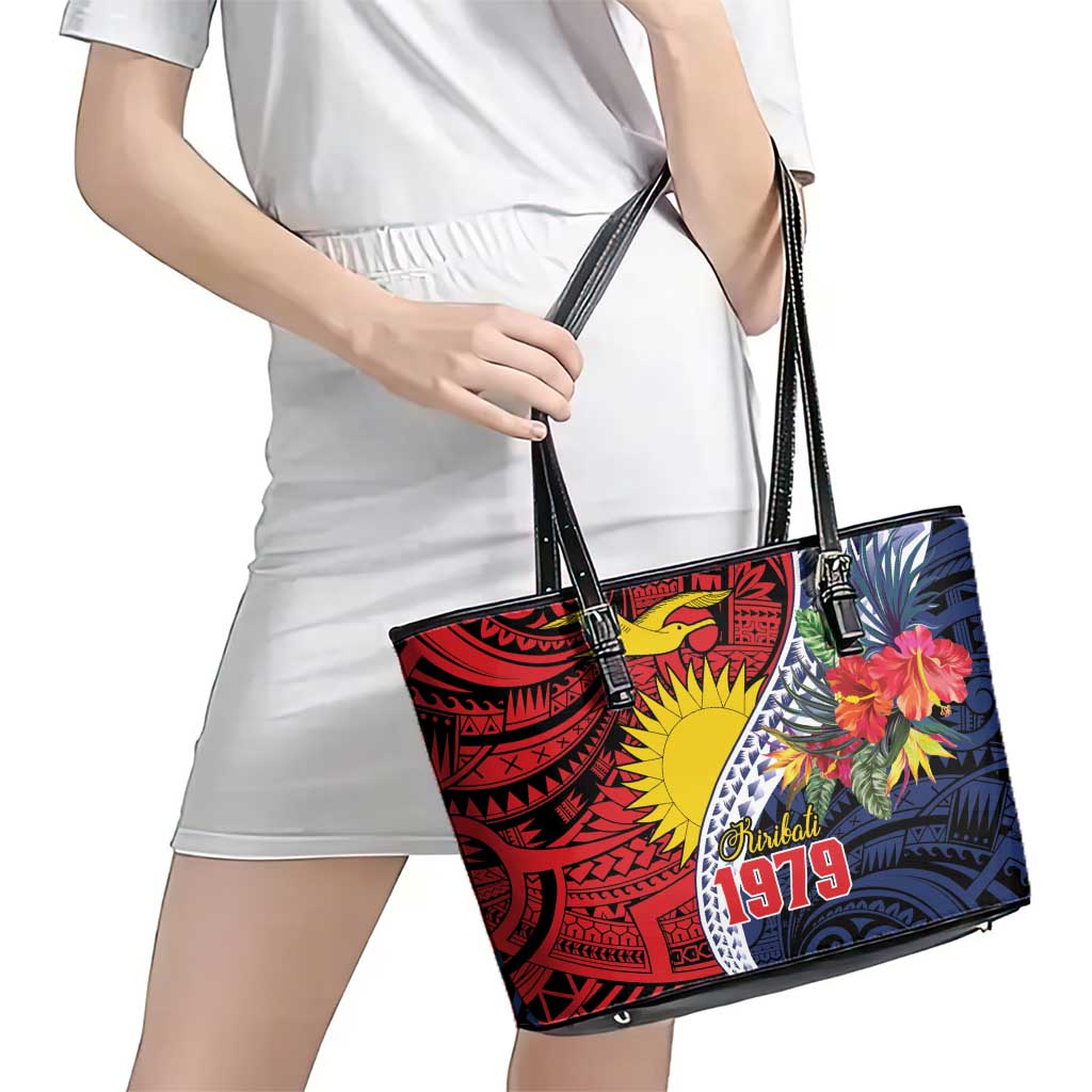 Flag of Kiribati Polynesian Pattern Leather Tote Bag Est 1979 With Tropical Flowers