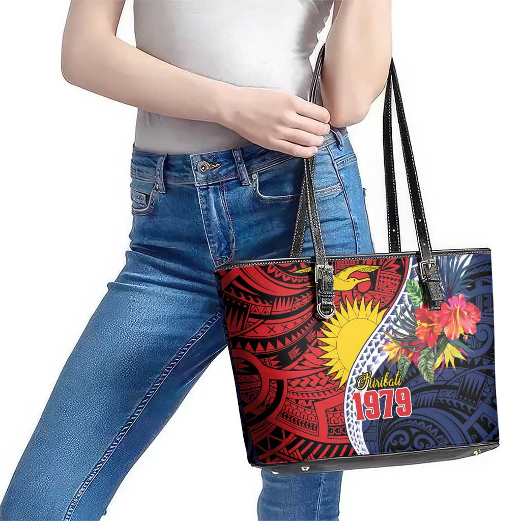 Flag of Kiribati Polynesian Pattern Leather Tote Bag Est 1979 With Tropical Flowers