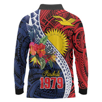 Flag of Kiribati Polynesian Pattern Long Sleeve Polo Shirt Est 1979 With Tropical Flowers