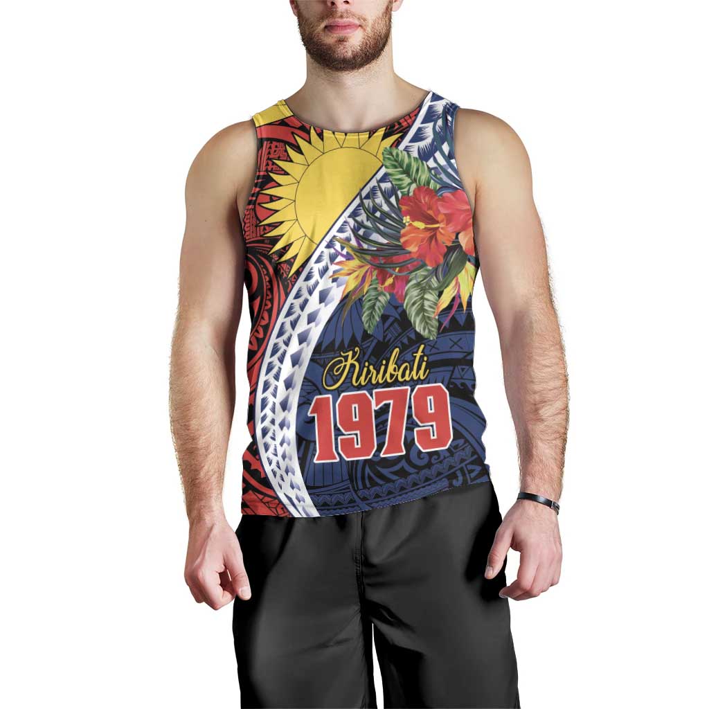 Flag of Kiribati Polynesian Pattern Men Tank Top Est 1979 With Tropical Flowers