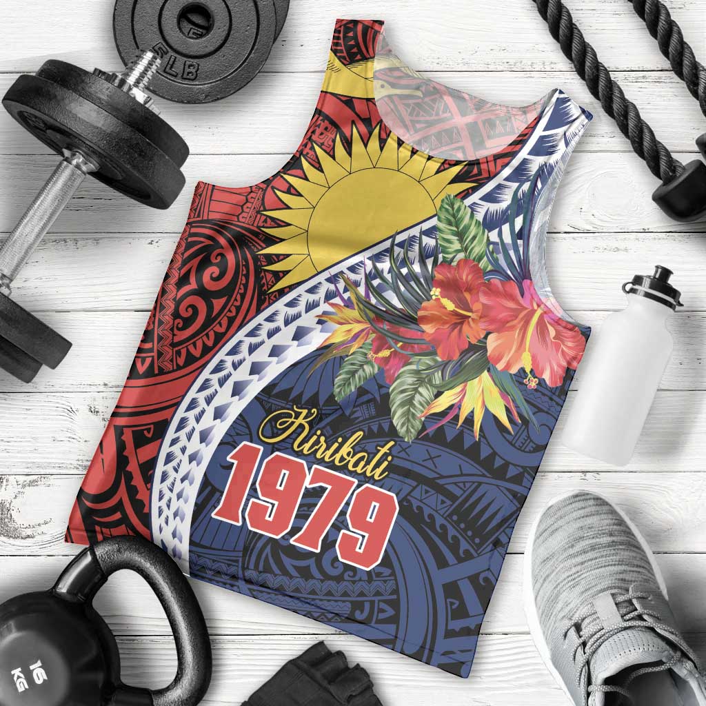 Flag of Kiribati Polynesian Pattern Men Tank Top Est 1979 With Tropical Flowers