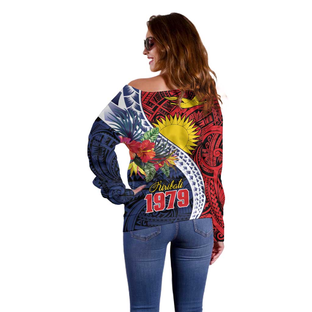 Flag of Kiribati Polynesian Pattern Off Shoulder Sweater Est 1979 With Tropical Flowers