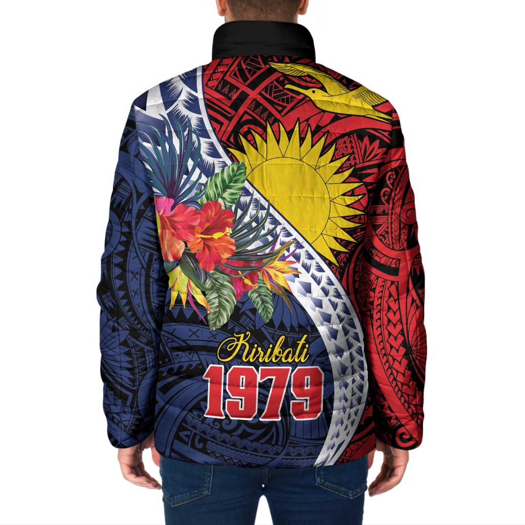 Flag of Kiribati Polynesian Pattern Padded Jacket Est 1979 With Tropical Flowers - Polynesian Pride