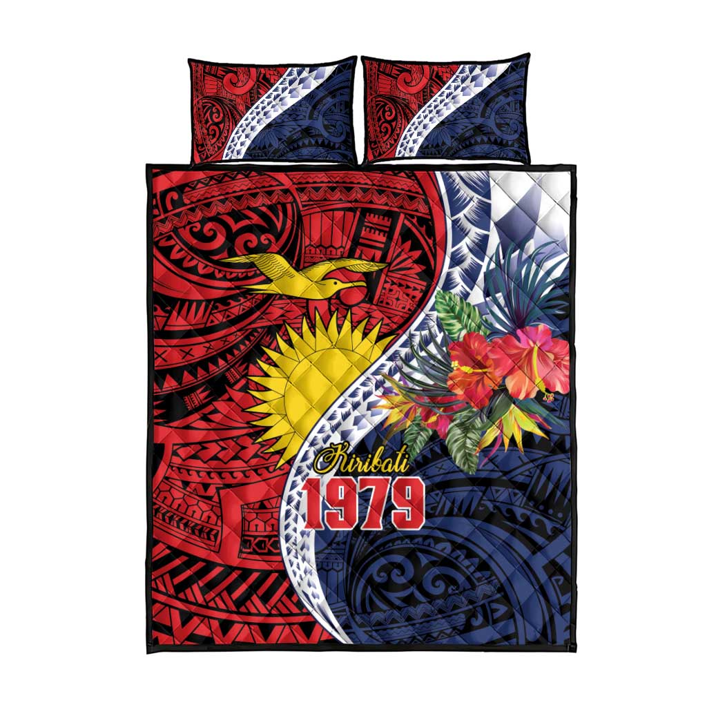 Flag of Kiribati Polynesian Pattern Quilt Bed Set Est 1979 With Tropical Flowers