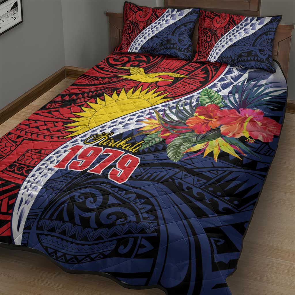 Flag of Kiribati Polynesian Pattern Quilt Bed Set Est 1979 With Tropical Flowers