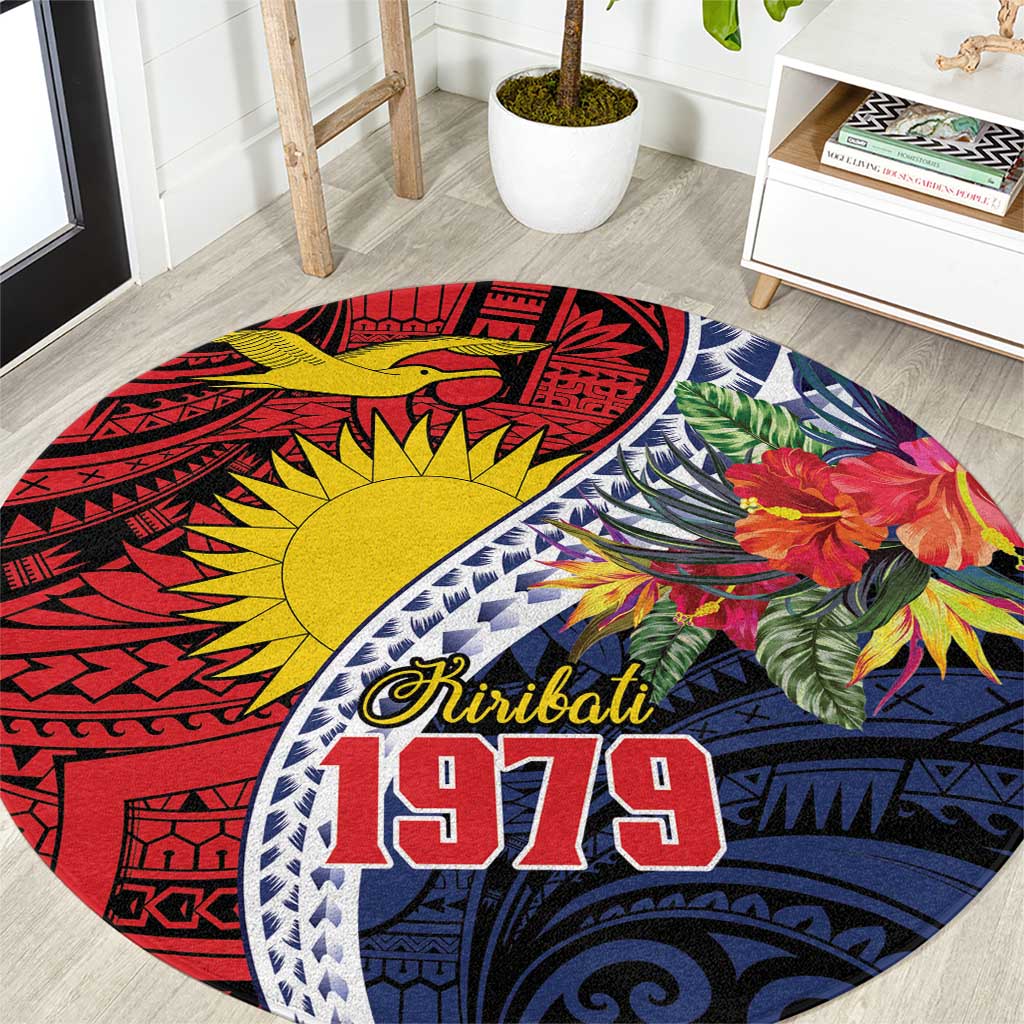 Flag of Kiribati Polynesian Pattern Round Carpet Est 1979 With Tropical Flowers