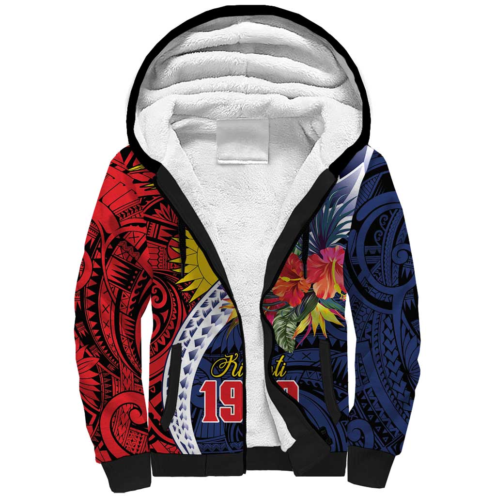 Flag of Kiribati Polynesian Pattern Sherpa Hoodie Est 1979 With Tropical Flowers