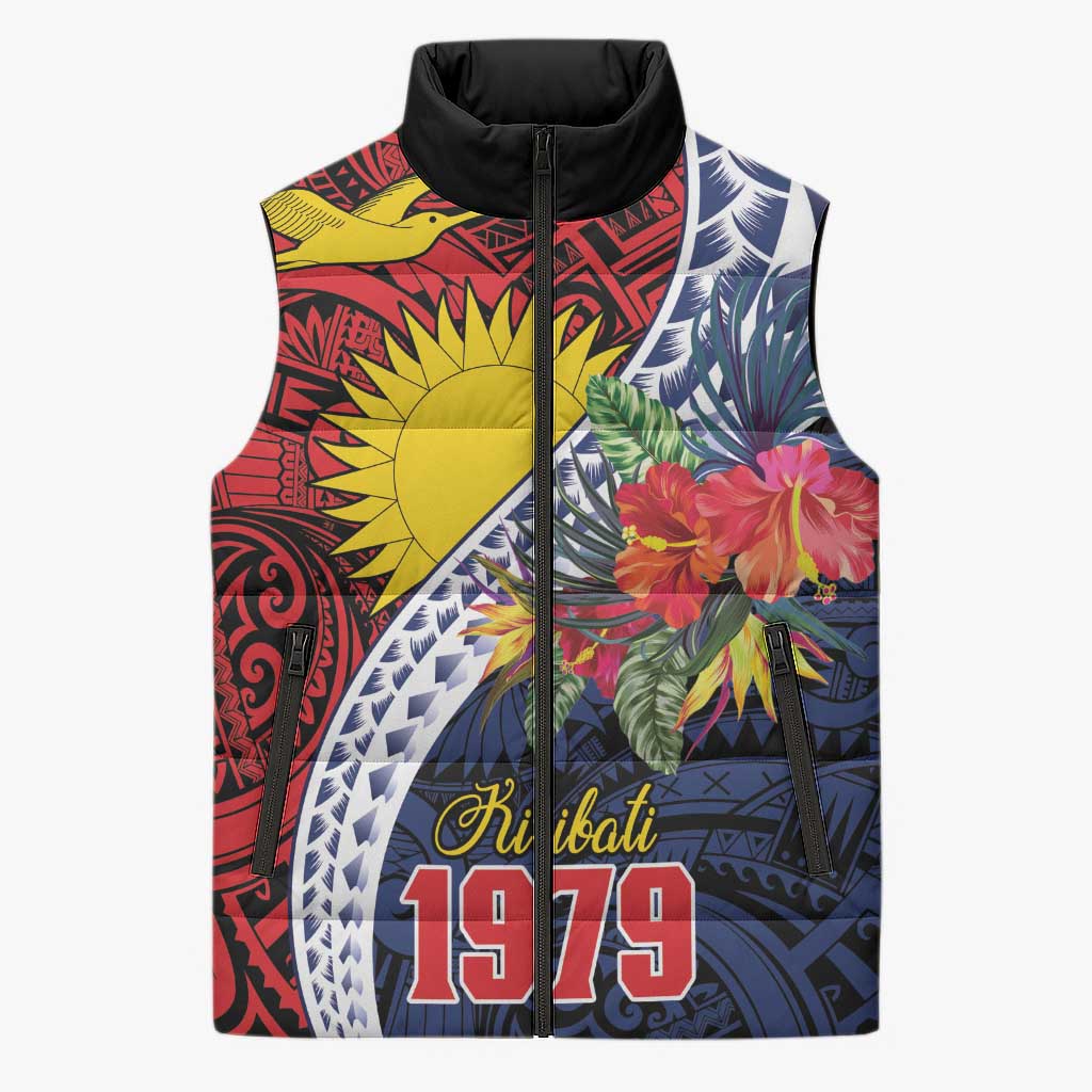 Flag of Kiribati Polynesian Pattern Sleeveless Puffer Jacket Est 1979 With Tropical Flowers - Polynesian Pride