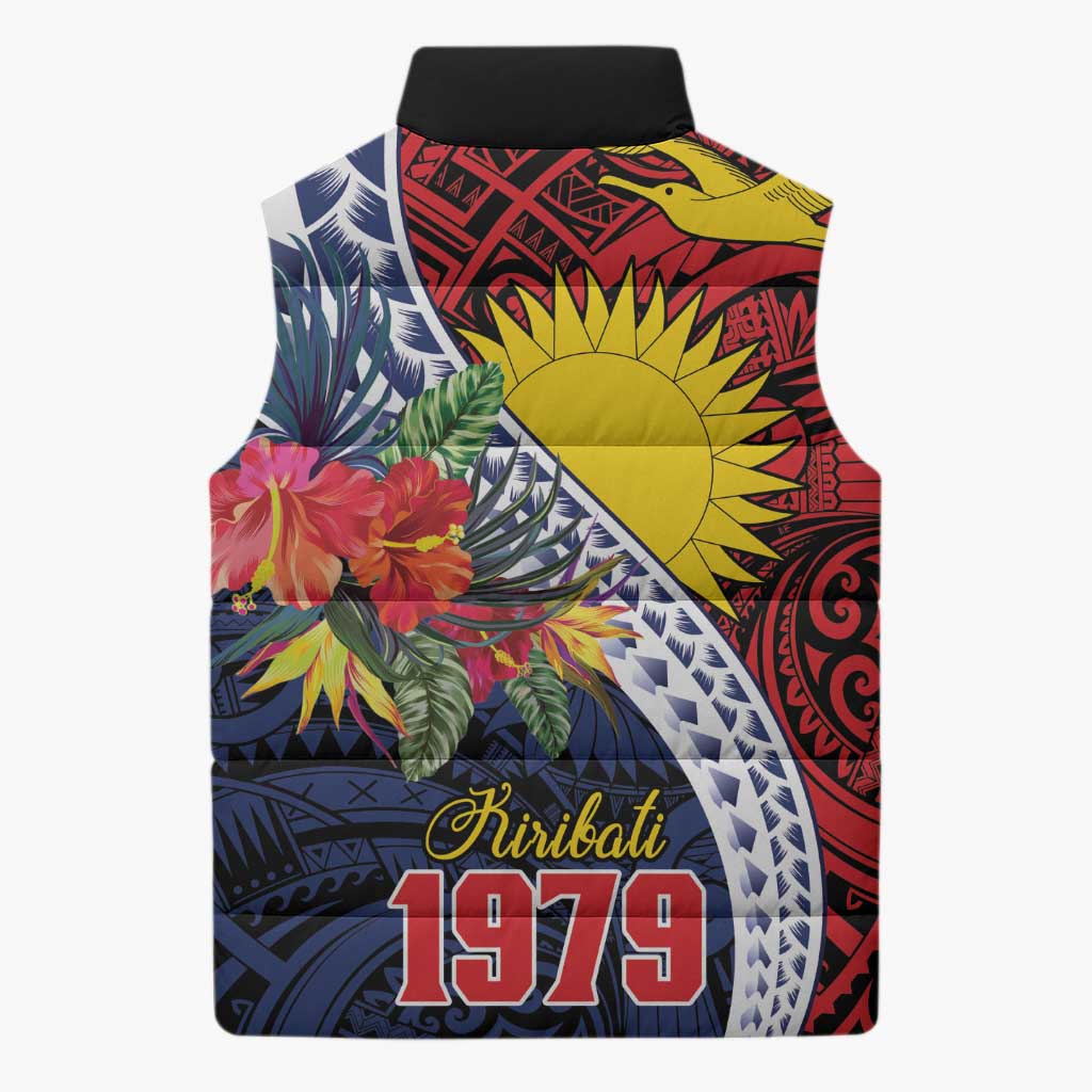 Flag of Kiribati Polynesian Pattern Sleeveless Puffer Jacket Est 1979 With Tropical Flowers - Polynesian Pride