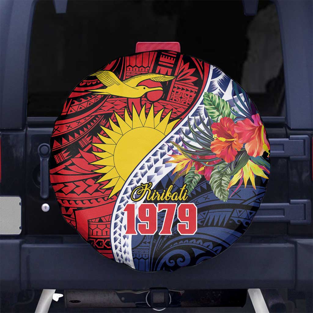Flag of Kiribati Polynesian Pattern Spare Tire Cover Est 1979 With Tropical Flowers