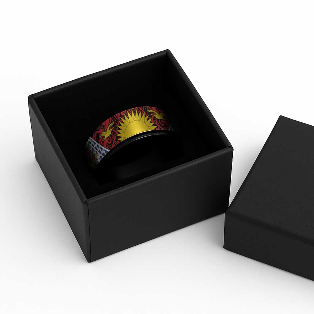 Flag of Kiribati Polynesian Pattern Spinner Ring Est 1979 With Tropical Flowers - Polynesian Pride