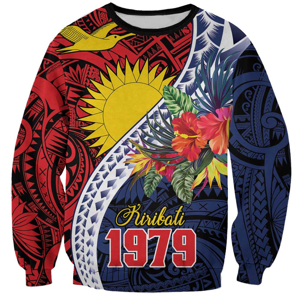 Flag of Kiribati Polynesian Pattern Sweatshirt Est 1979 With Tropical Flowers