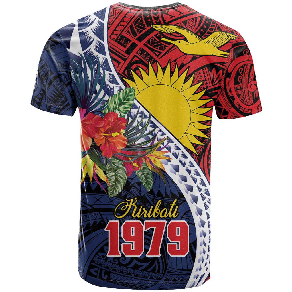 Flag of Kiribati Polynesian Pattern T Shirt Est 1979 With Tropical Flowers