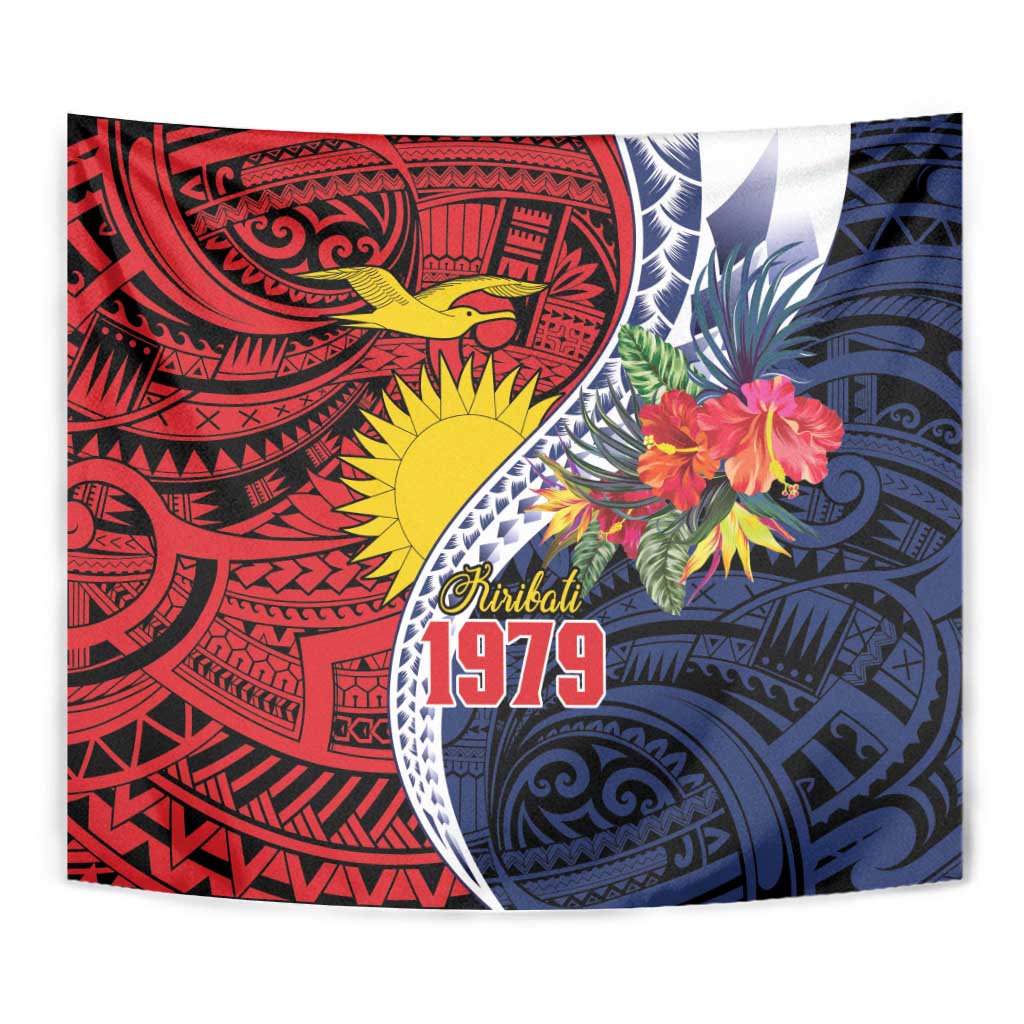 Flag of Kiribati Polynesian Pattern Tapestry Est 1979 With Tropical Flowers