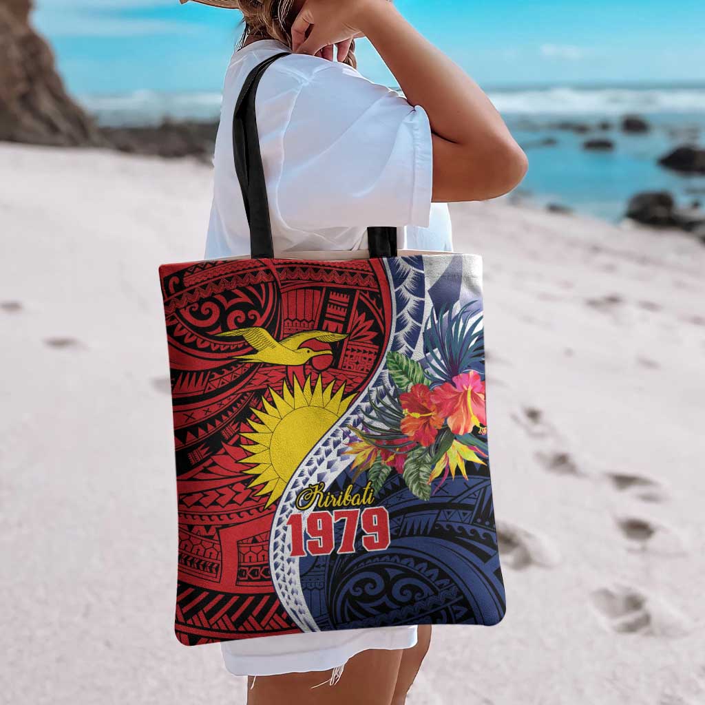 Flag of Kiribati Polynesian Pattern Tote Bag Est 1979 With Tropical Flowers - Polynesian Pride