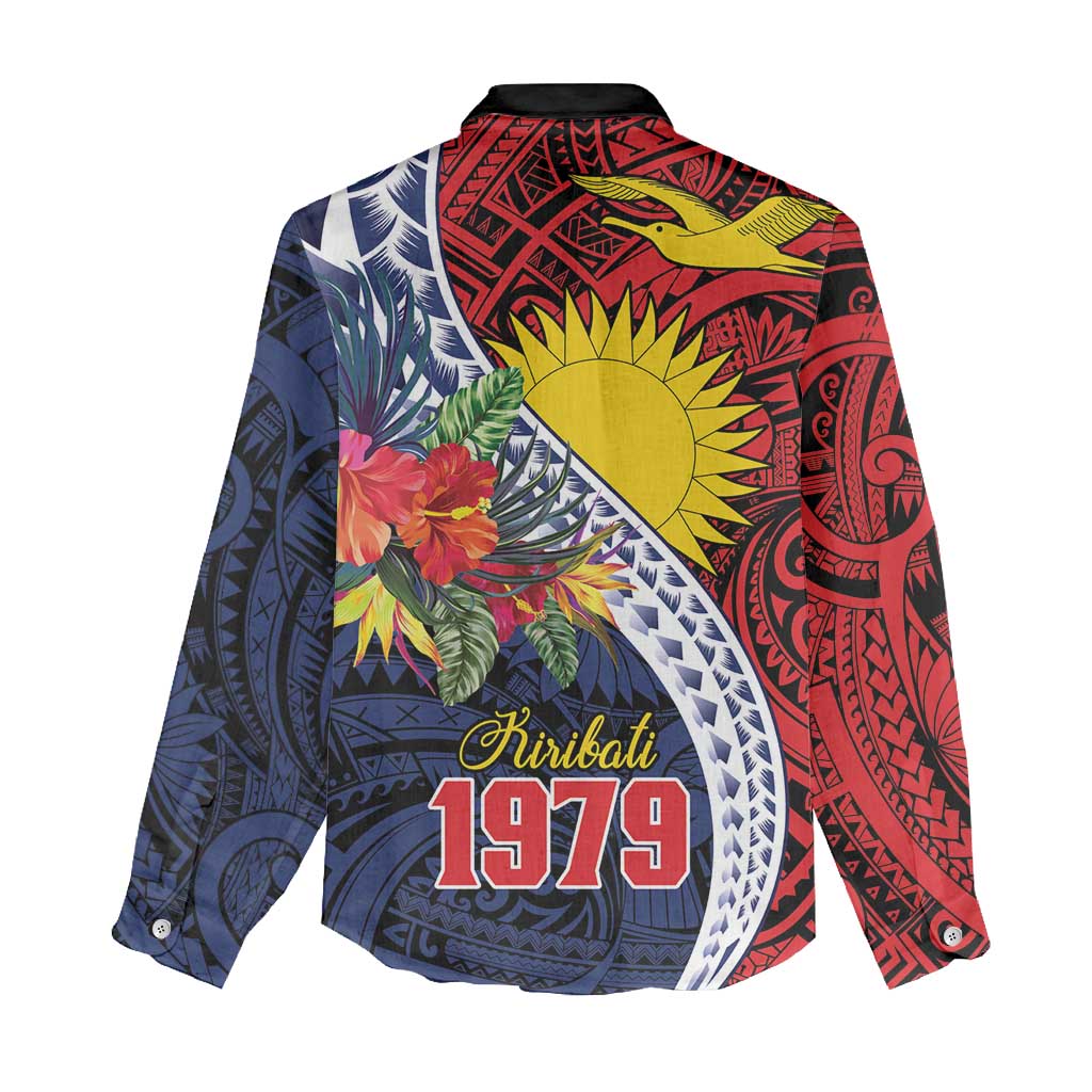 Flag of Kiribati Polynesian Pattern Women Casual Shirt Est 1979 With Tropical Flowers