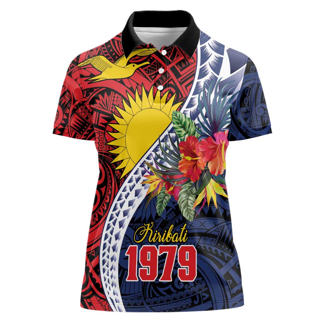 Flag of Kiribati Polynesian Pattern Women Polo Shirt Est 1979 With Tropical Flowers