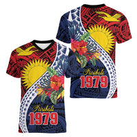 Flag of Kiribati Polynesian Pattern Women V-Neck T-Shirt Est 1979 With Tropical Flowers