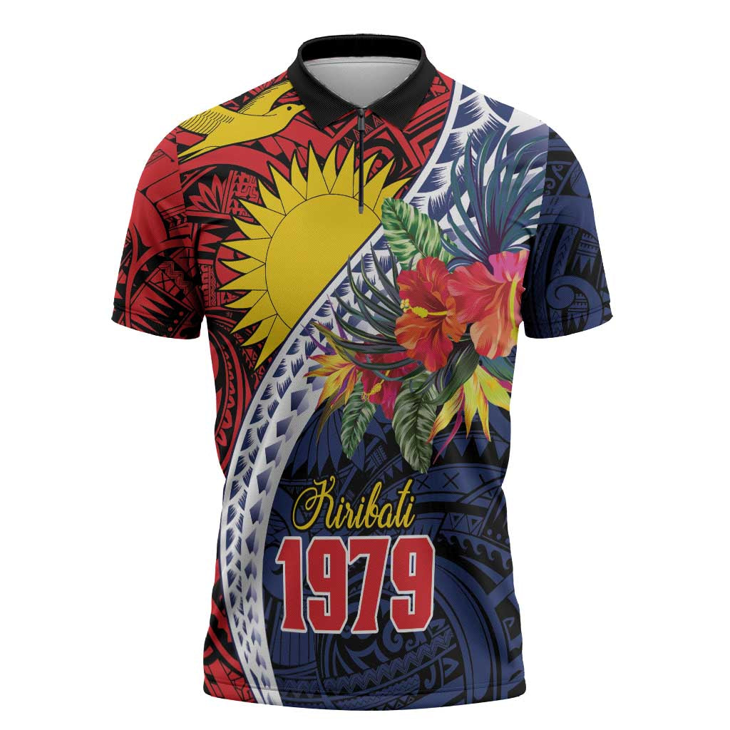 Flag of Kiribati Polynesian Pattern Zipper Polo Shirt Est 1979 With Tropical Flowers - Polynesian Pride