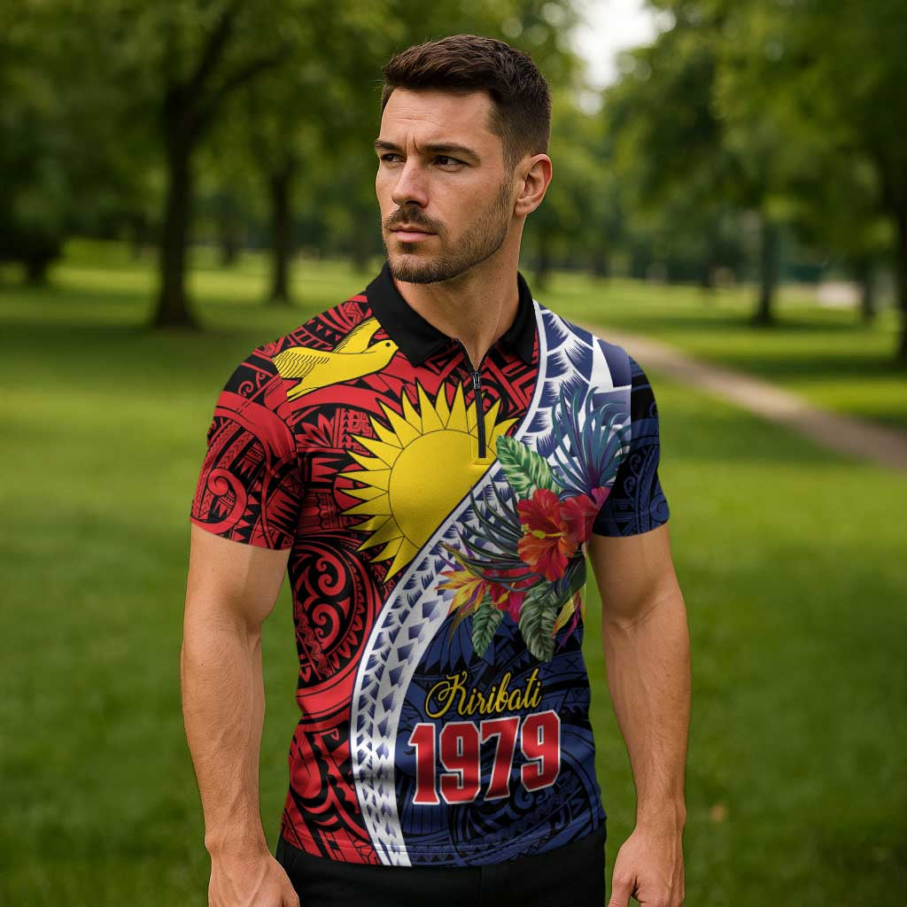 Flag of Kiribati Polynesian Pattern Zipper Polo Shirt Est 1979 With Tropical Flowers - Polynesian Pride