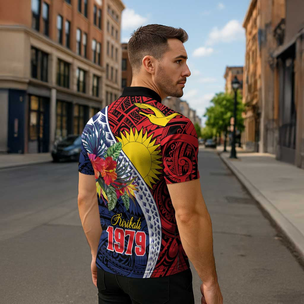 Flag of Kiribati Polynesian Pattern Zipper Polo Shirt Est 1979 With Tropical Flowers - Polynesian Pride