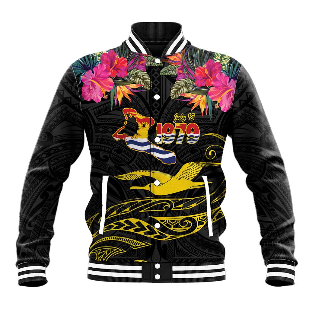 Kiribati Independence Day Personalised Baseball Jacket Gold Frigatebird with Polynesian Pattern