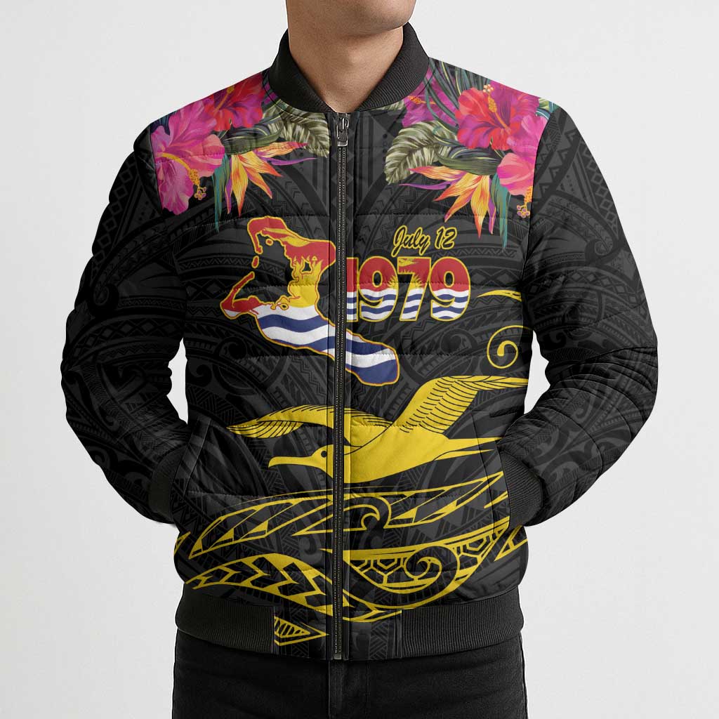 Kiribati Independence Day Personalised Bomber Puffer Jacket Gold Frigatebird with Polynesian Pattern - Polynesian Pride