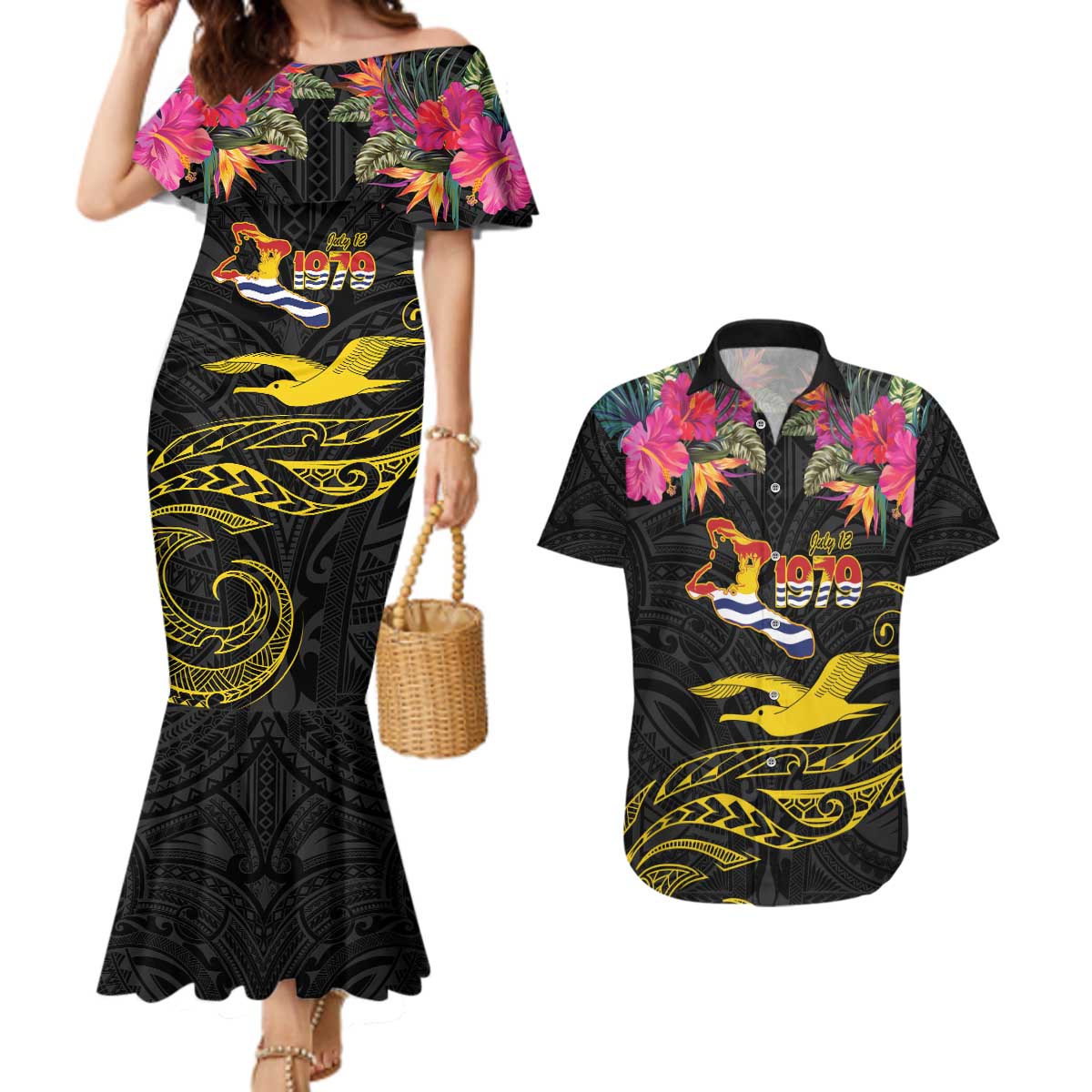 Kiribati Independence Day Personalised Couples Matching Mermaid Dress and Hawaiian Shirt Gold Frigatebird with Polynesian Pattern