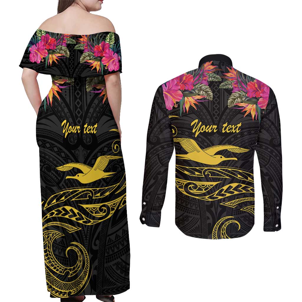 Kiribati Independence Day Personalised Couples Matching Off Shoulder Maxi Dress and Long Sleeve Button Shirt Gold Frigatebird with Polynesian Pattern