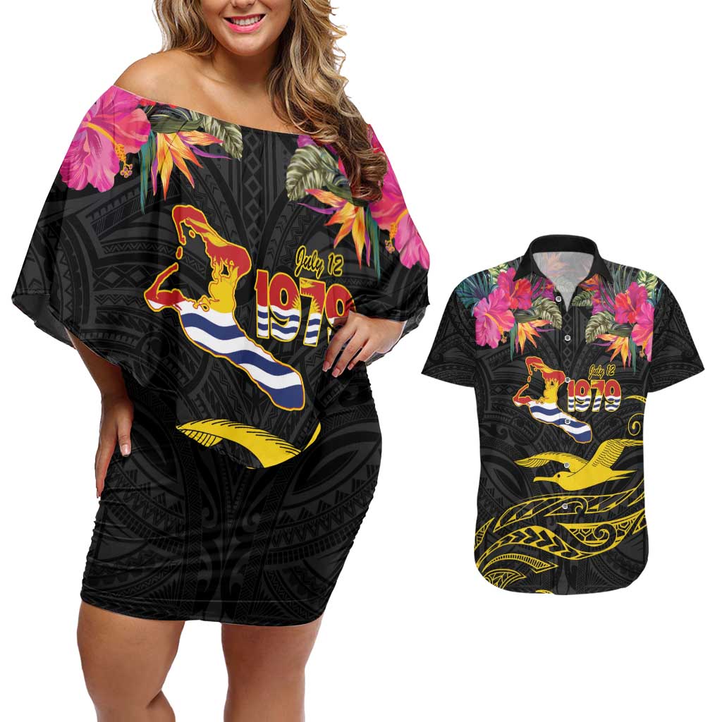Kiribati Independence Day Personalised Couples Matching Off Shoulder Short Dress and Hawaiian Shirt Gold Frigatebird with Polynesian Pattern