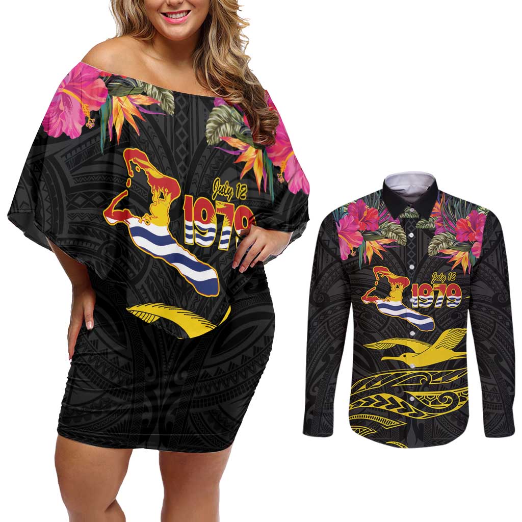 Kiribati Independence Day Personalised Couples Matching Off Shoulder Short Dress and Long Sleeve Button Shirt Gold Frigatebird with Polynesian Pattern