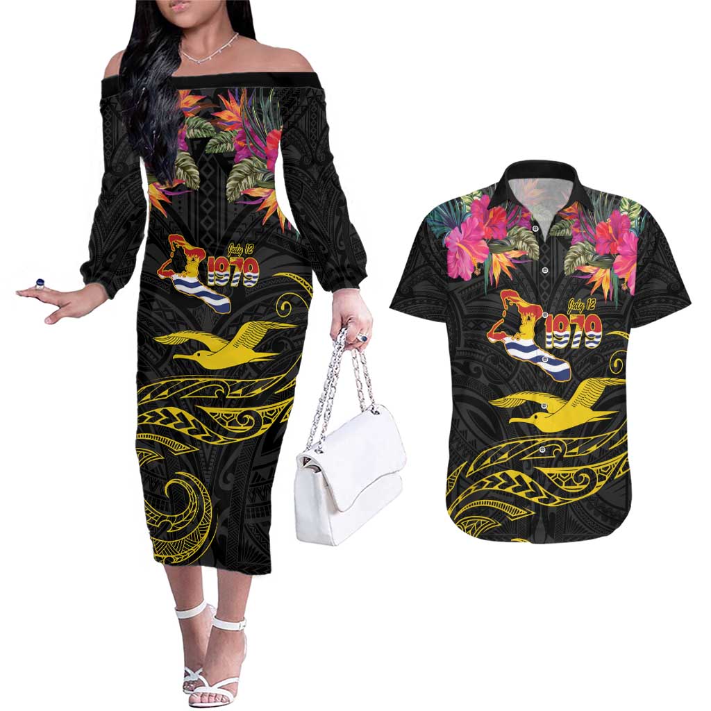 Kiribati Independence Day Personalised Couples Matching Off The Shoulder Long Sleeve Dress and Hawaiian Shirt Gold Frigatebird with Polynesian Pattern