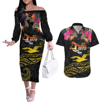 Kiribati Independence Day Personalised Couples Matching Off The Shoulder Long Sleeve Dress and Hawaiian Shirt Gold Frigatebird with Polynesian Pattern
