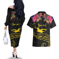 Kiribati Independence Day Personalised Couples Matching Off The Shoulder Long Sleeve Dress and Hawaiian Shirt Gold Frigatebird with Polynesian Pattern