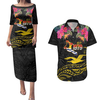 Kiribati Independence Day Personalised Couples Matching Puletasi and Hawaiian Shirt Gold Frigatebird with Polynesian Pattern