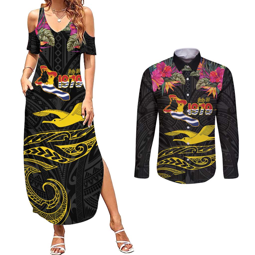 Kiribati Independence Day Personalised Couples Matching Summer Maxi Dress and Long Sleeve Button Shirt Gold Frigatebird with Polynesian Pattern