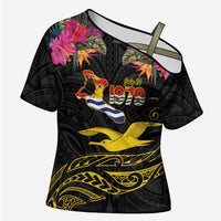 Kiribati Independence Day Personalised Cross Shoulder Shirt Gold Frigatebird with Polynesian Pattern - Polynesian Pride