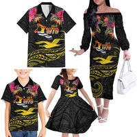 Kiribati Independence Day Personalised Family Matching Off The Shoulder Long Sleeve Dress and Hawaiian Shirt Gold Frigatebird with Polynesian Pattern