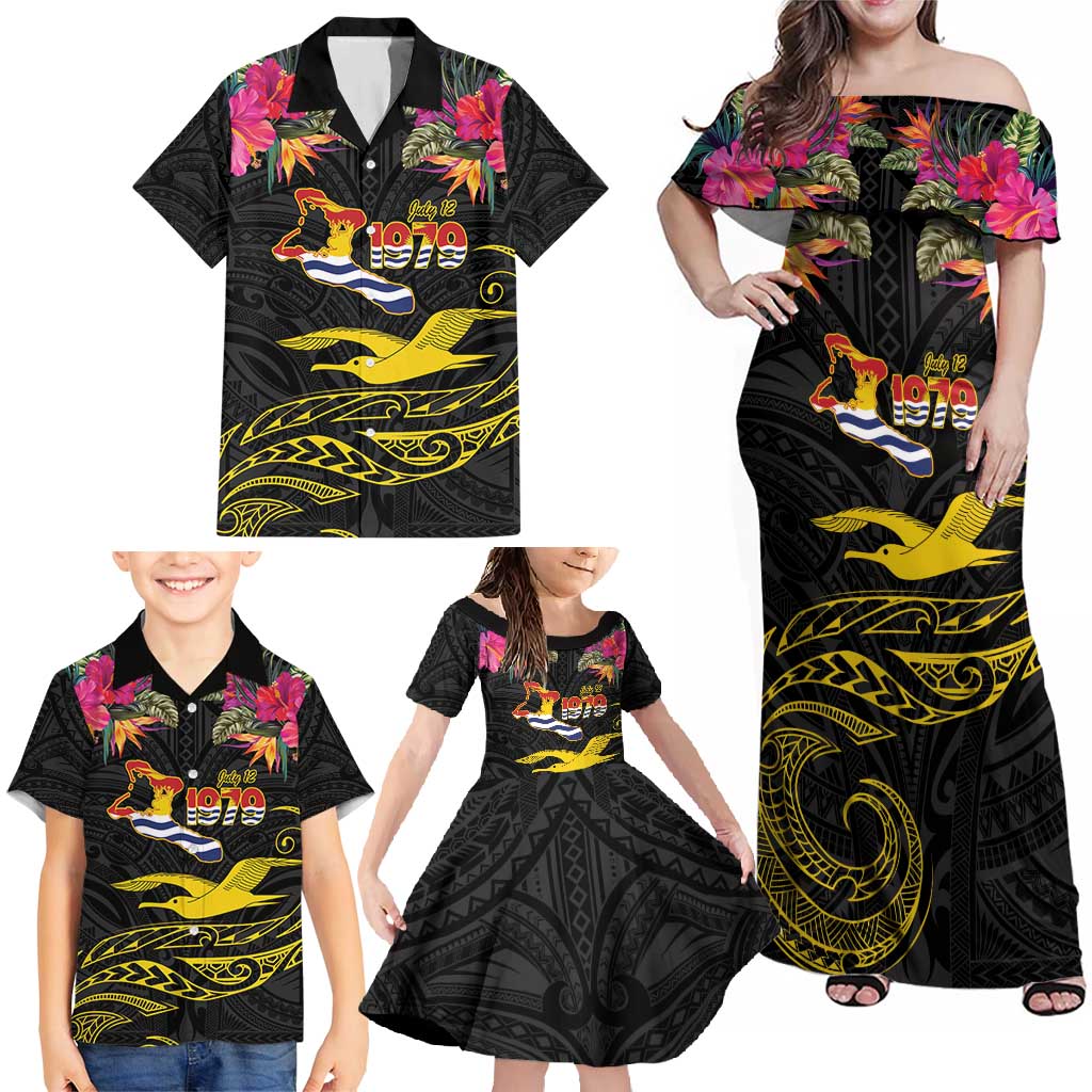 Kiribati Independence Day Personalised Family Matching Off Shoulder Maxi Dress and Hawaiian Shirt Gold Frigatebird with Polynesian Pattern