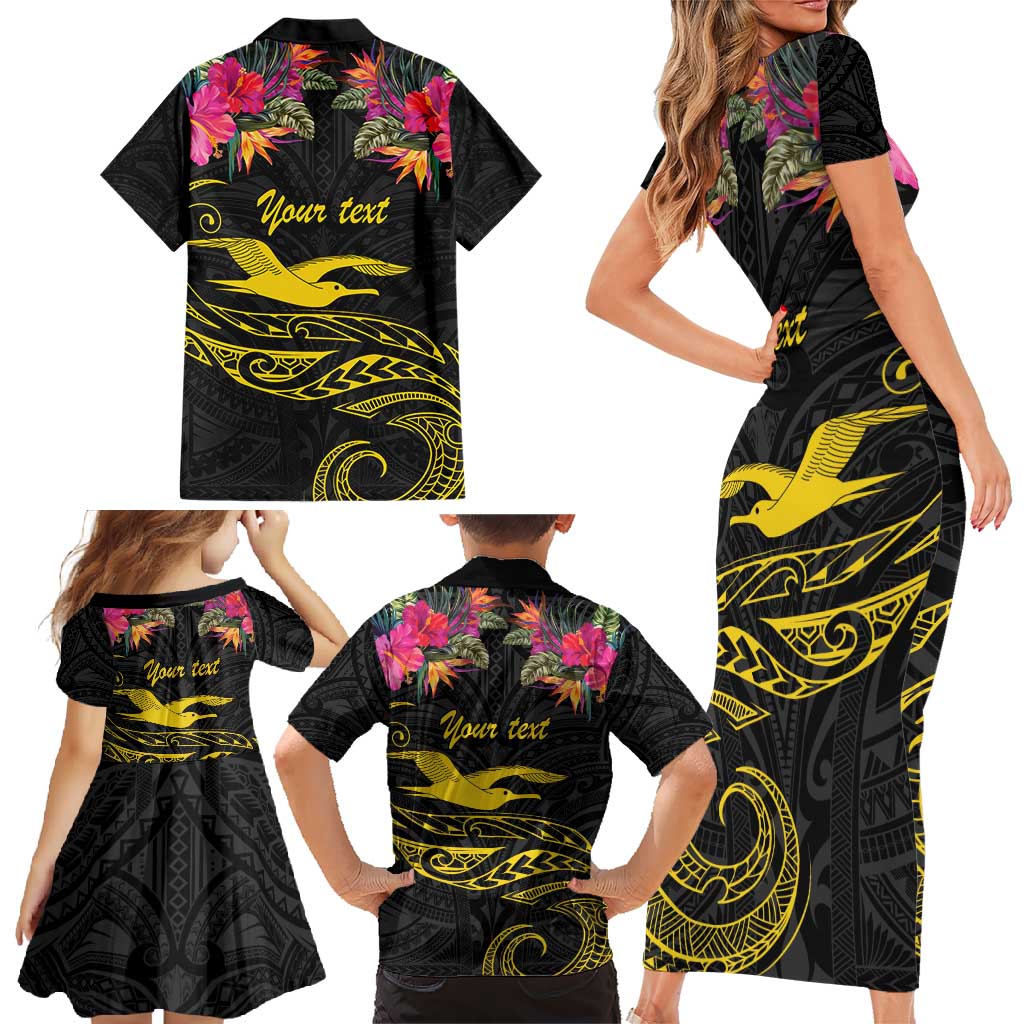 Kiribati Independence Day Personalised Family Matching Short Sleeve Bodycon Dress and Hawaiian Shirt Gold Frigatebird with Polynesian Pattern