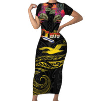Kiribati Independence Day Personalised Family Matching Short Sleeve Bodycon Dress and Hawaiian Shirt Gold Frigatebird with Polynesian Pattern