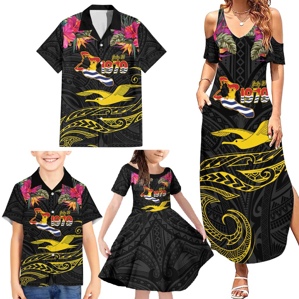 Kiribati Independence Day Personalised Family Matching Summer Maxi Dress and Hawaiian Shirt Gold Frigatebird with Polynesian Pattern