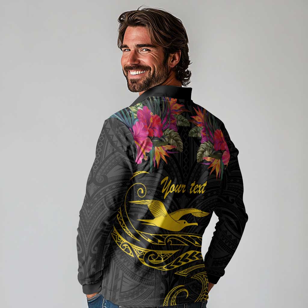 Kiribati Independence Day Personalised Long Sleeve Polo Shirt Gold Frigatebird with Polynesian Pattern