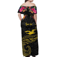 Kiribati Independence Day Personalised Off Shoulder Maxi Dress Gold Frigatebird with Polynesian Pattern