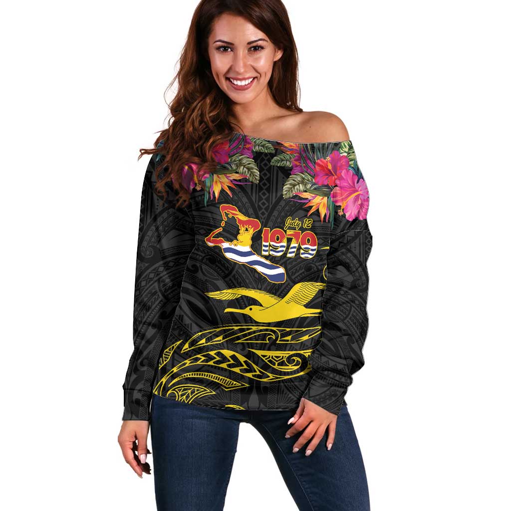 Kiribati Independence Day Personalised Off Shoulder Sweater Gold Frigatebird with Polynesian Pattern